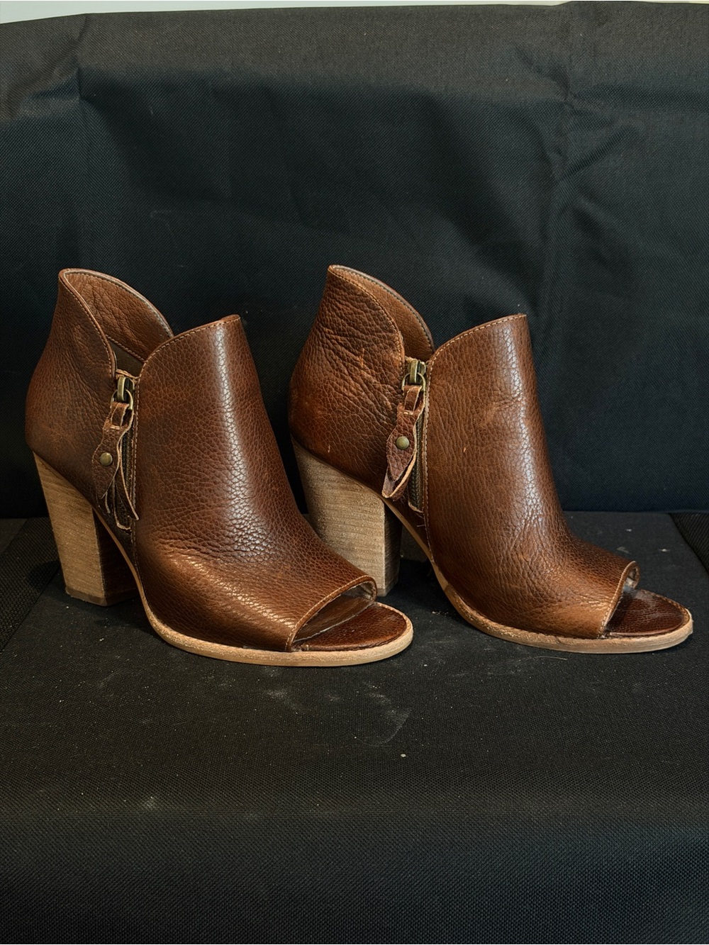 MIA Brown Leather Peep-Toe Block Heel Booties with Tassel Zip
